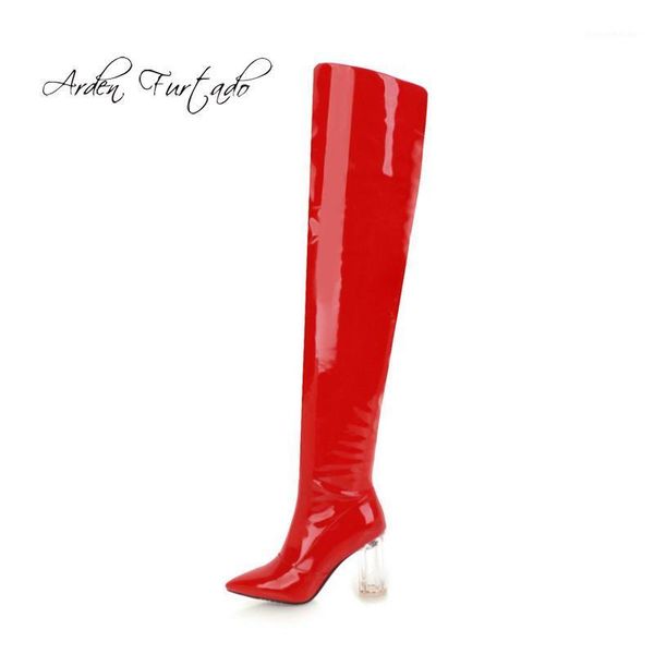 

boots arden furtado 2021 spring autumn zipper over the knee chunky crystal heels red silver white pointed toe fashion boots1, Black