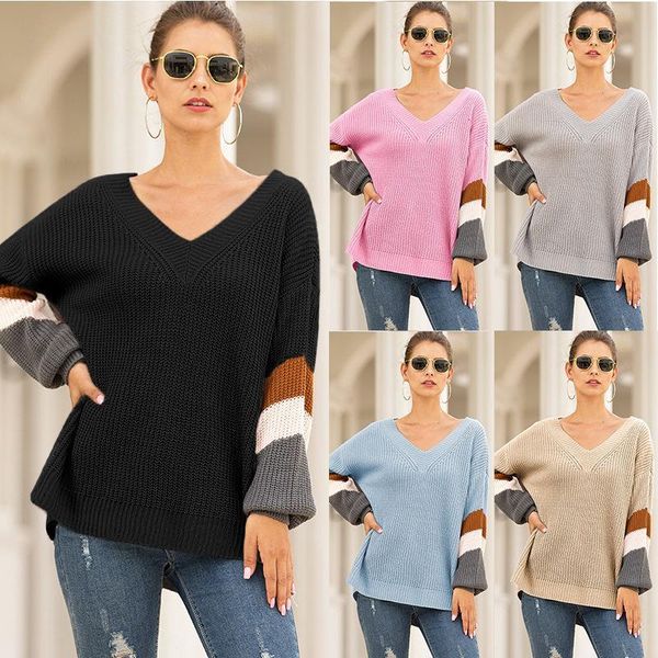 

new sweater women fall/winter selling chicken hearts v-neck lantern sleeve striped color matching knitted vestido casual, White;black