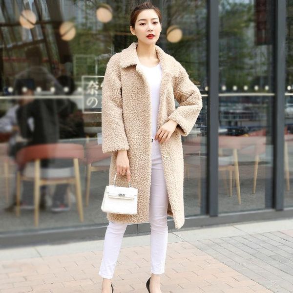 

women 2020 winter new fashion real sheep shearing coat female genuine wool fur overcoats ladies slim warm mid-long outwears d213, Black