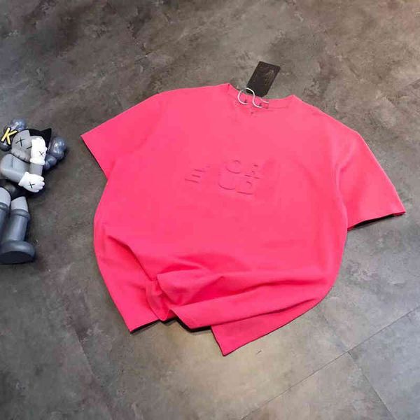 

2022 factory wholesale new high version summer women's chest embossed letters pink t-shirt loose round neck elastic short sleeve regula, White