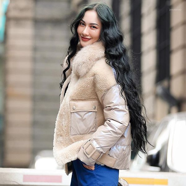 

collar fur real wool jacket autumn winter down coat women clothes 2020 korean sheep shearling warm zt44021, Black