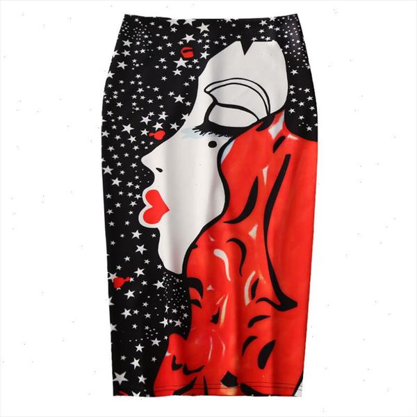 

womens pencil skirts girl character print holographic skirt high waist slim midi split japan harajuku female falda ls080, Black