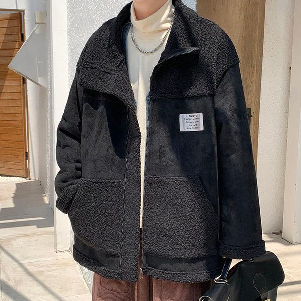 

2020 winter new youth popular men's solid color suede stitching lamb wool loose cotton coat fashion casual plus size top, Black