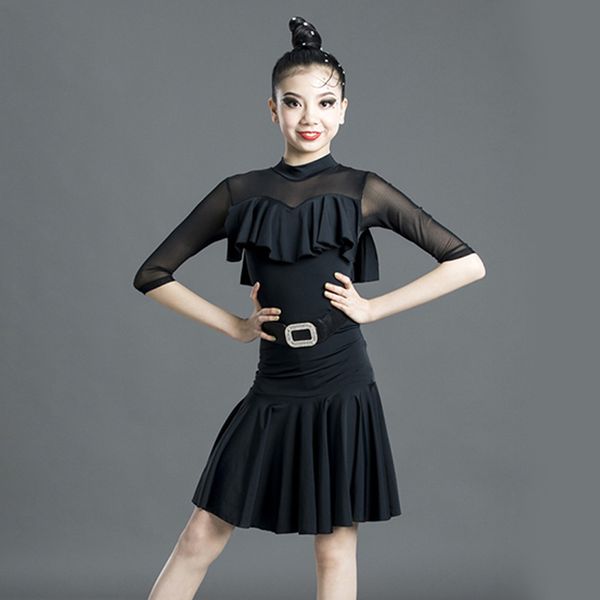 

new latin dance dress girls rumba tango ballroom dance clothes mesh sleeve black dance dress children stage perform costume 589, Black;red