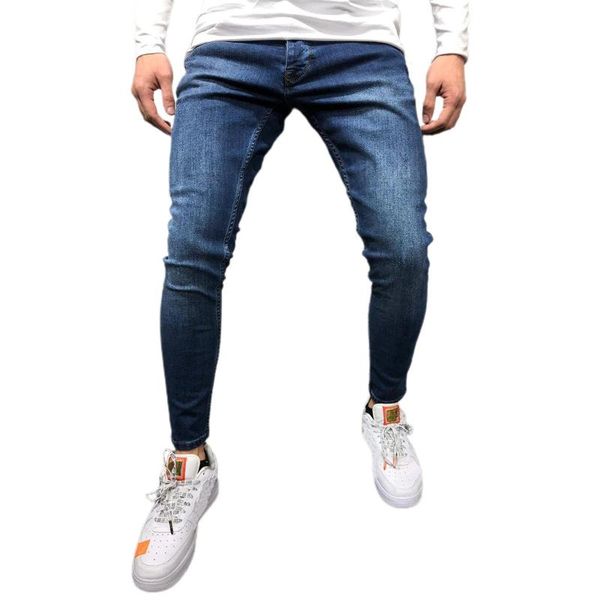 

men's jeans stretch skinny european and american slim fit straight denim pants simple trousers, Blue
