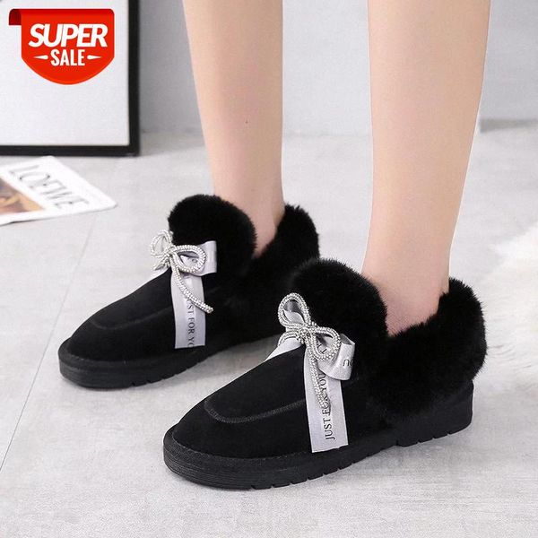 

lucyever fashion crystal bow winter shoes women 2020 fur warm plush snow boots woman comfortable flat heel cotton shoes female #dz9d, Black