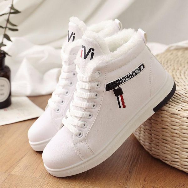 

2020 winter boots women ankle boots warm pu plush winter woman shoes sneakers flats lace up short snow botas de mujer, Black