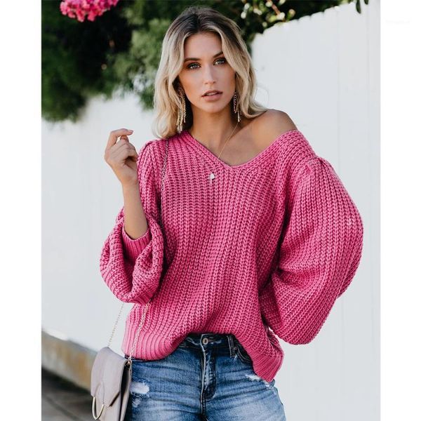 

hirigin 2020 winter women lantern sleeve v-neck sweater backless solid color fashion knitwear for ladies casual clothes1, White;black