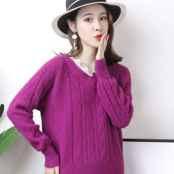 

new 2021 women's sweater fall winter sewing lace with low-cut v fine warm knitted-over sweet sweaters y508 e20g r9pd, White;black