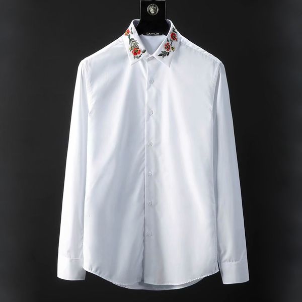 

100% cotton men long sleeve mens slim fit dress shirt male collar embroidery flower casual shirts 603v, White;black