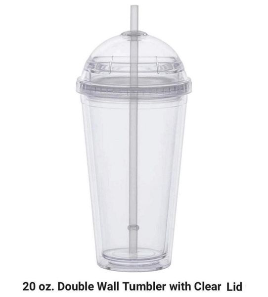 

new 20oz clear acrylic tumbler plastic water cup with dome lid straw double walled drinking container