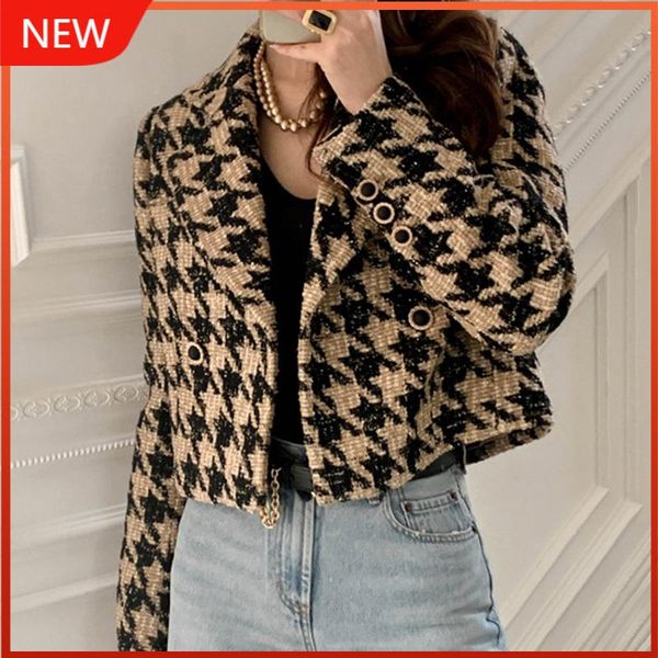

women's jackets plaid cotton heavy tweed jacket cardigan coat ] 2021 winter female turn down collar double breasted minimalist loose, Black;brown