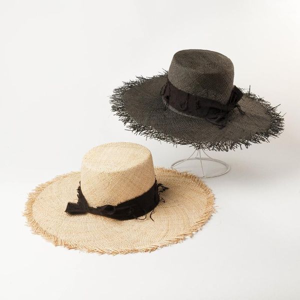 

2020 handmade natural straw fringed wide brim summer hat natural black floppy kuntucky sun hat ladies travel beach, Blue;gray