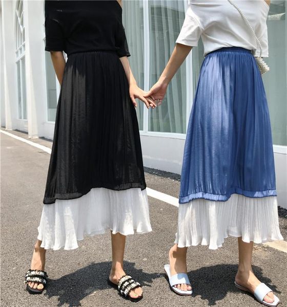 

fashion designer women's stitching chiffon skirt korean a-line high-waist casual pleated skirt summer long for women1, Black