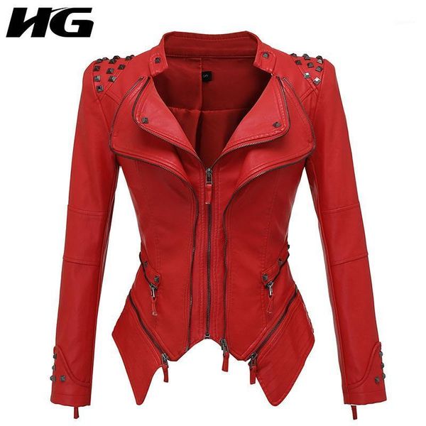 

hg rivet splicing faux leather turn down collar faux leather women autumn and winter new pu coat personality fashion zy22851, Black