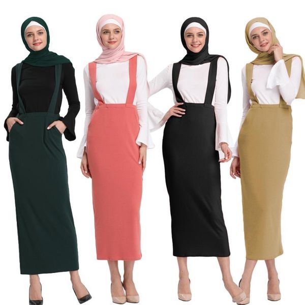 

two shoulder strap skirts bodycon women casual high waist long maxi pleated skirt summer islamic clothing muslim suspender kg-624, Red