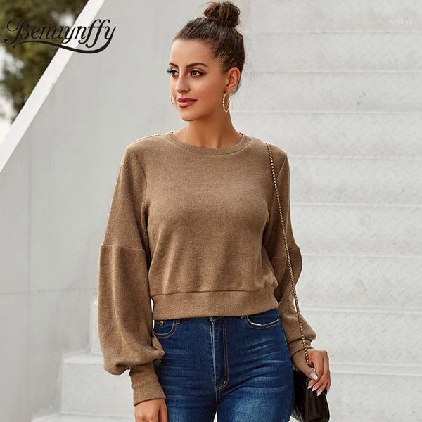 

benuynffy 2020 autumn winter lantern sleeve rib-knit sweater women o-neck long sleeve pullover woman casual short sweaters1, White;black
