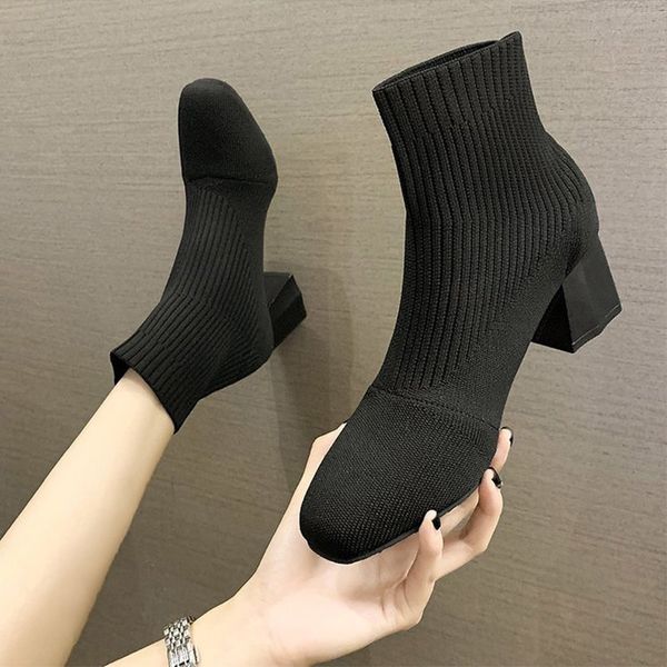

2021 new women socks high heels stretch fabric ladies short square ankle boots slip on comfortable fashion shoes 1 n801, Black