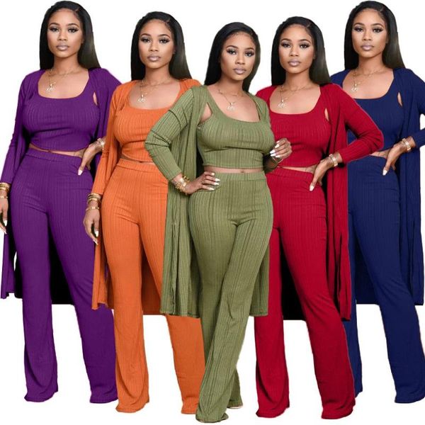 

jrry casual women outfit ribbed three pieces set cloak tank long pants ribbed 3 pieces set raised lines pattern outdoor wear, Gray