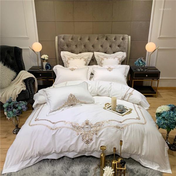 

4 piece luxury golden embroidery duvet cover 240x220 linen 100s egypt cotton bedding sheets pink rose embroidered1