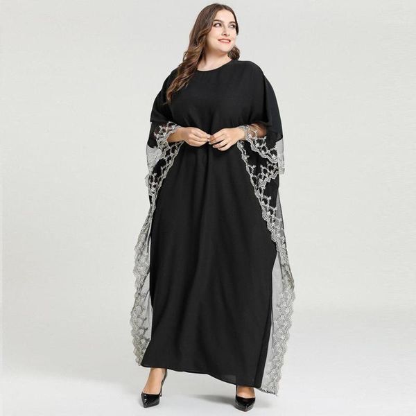 

big size gold thread lace patch modest dress summer black long dress bat sleeve muslim abayas arab caftan robes oversize1, Red