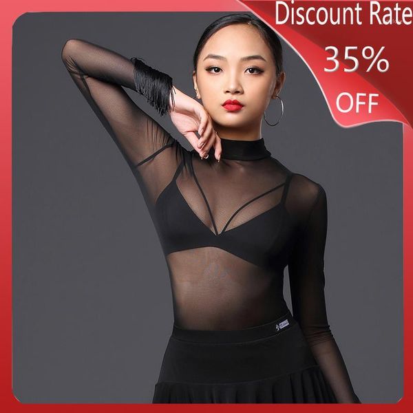 

mesh long sleeve latin dance costumes women fringe dress cha cha rumba samba tango practice clothing dqs36341, Black;red