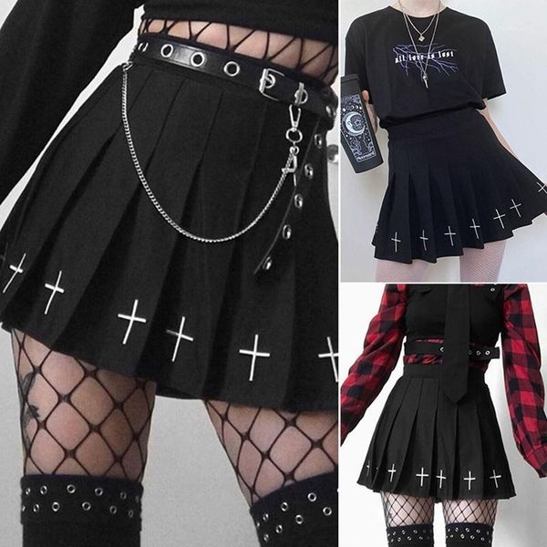 

high waist mini black skirts gothic streetwear cross print pleated women skirts casual college lolita harajuku skirt1