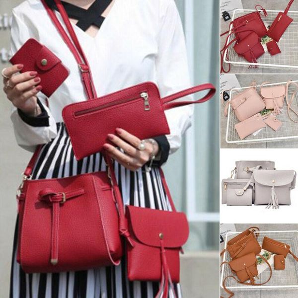 

4 pieces women leather handbag solid zipper tassel shoulder bags purse messenger satchel set for women