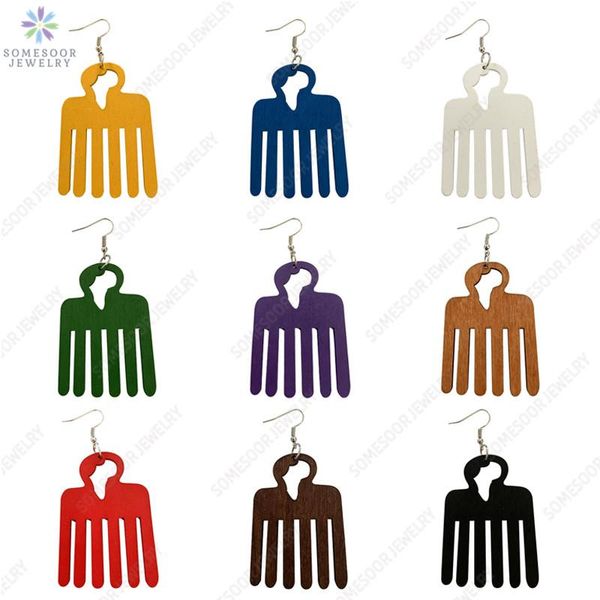 

somesoor colorful afro comb wooden drop earrings with african map cutting ethnic loops pendant dangle jewelry for women gifts, Silver