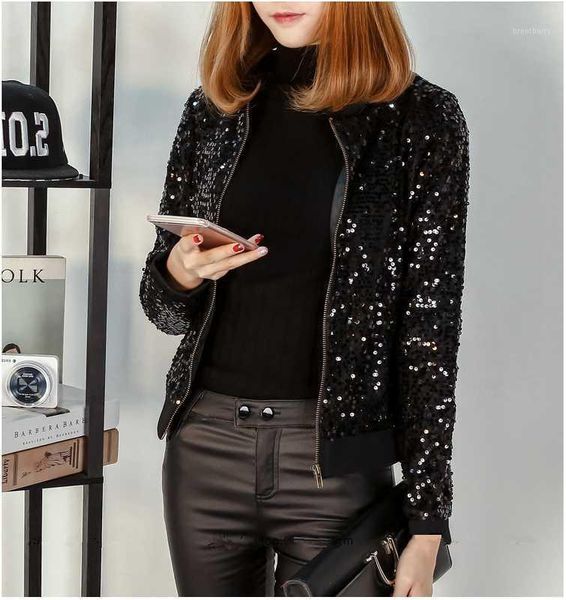

m-6xl 2020 spring log sleeves sequin jackets women plus size clothes woman coat of autumn casual bomber jacket feminina1, Black;brown