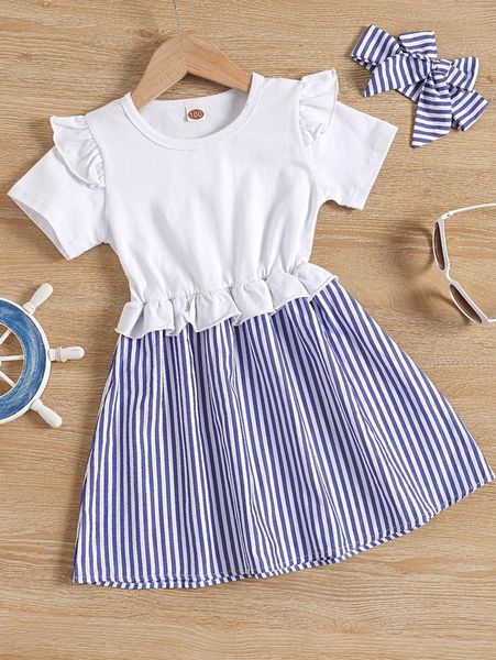 

toddler girls striped ruffle trim dress & headband she, Red;yellow