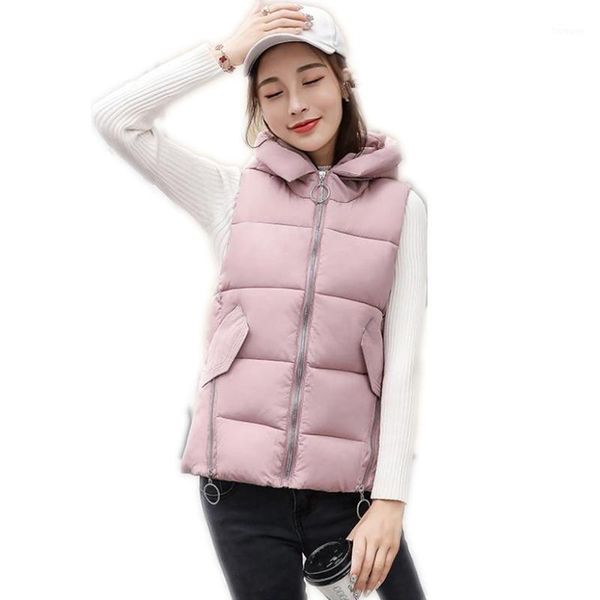 

4 colors new autumn winter women short vest 2020 down cotton short vest hooded sleeveless slim outerwear casual female q6811, Black;white