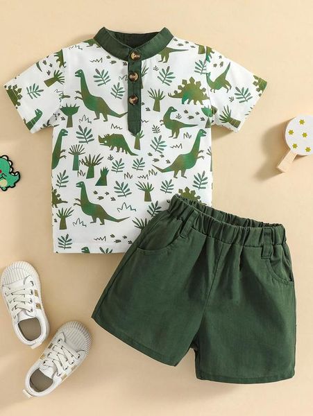 

baby plant & dinosaur print polo shirt & shorts she, White