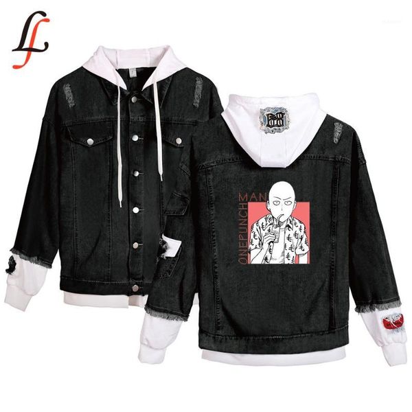 

one punch man season 2 new cowboy women/men autumn winter fashion stitching hooded broken hole stitching denim jacket plus size1, Black;brown