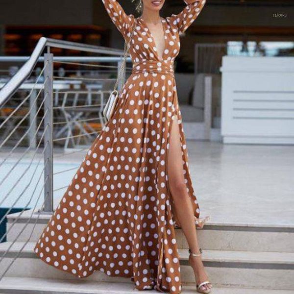 

polka dot dress fall long sleeve women summer 2019 beach robe boho casual long dresses ladies v neck high split maxi dress1, Black;gray