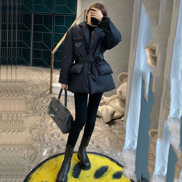 

women jacket down parkas long coat winter style with belt corset lady slim fashion jackets pocket outsize inverted triangle warm coats s m l, Black