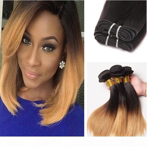

grade 9a brazilian straight ombre human hair extensions 3pcs #1b 4 27 honey blonde dark roots ombre brazilian human hair weave bundles, Black;brown