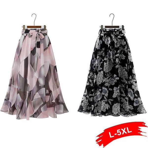 

плюс размер женщины старинные цветочные печать лодыжки длина линии шифон юбка 3xl 5xl галстук бабочка вскользь женский стильный шикарный юбо, Black