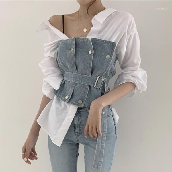 

2020 new autumn chic small personality lapel stripe shirt belt tube cowboy women two piece outfits1, White
