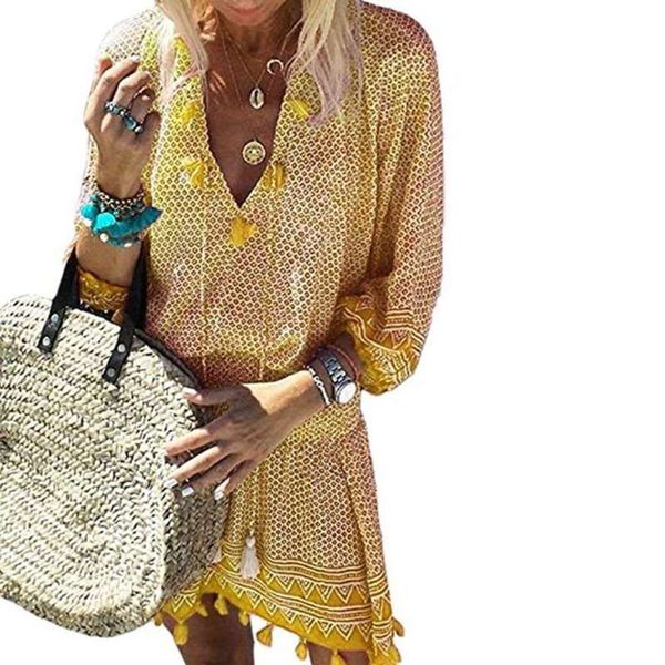 

7 women's v-neck 2019 / new s fringe elastic waist beach skirt dress, Black;gray