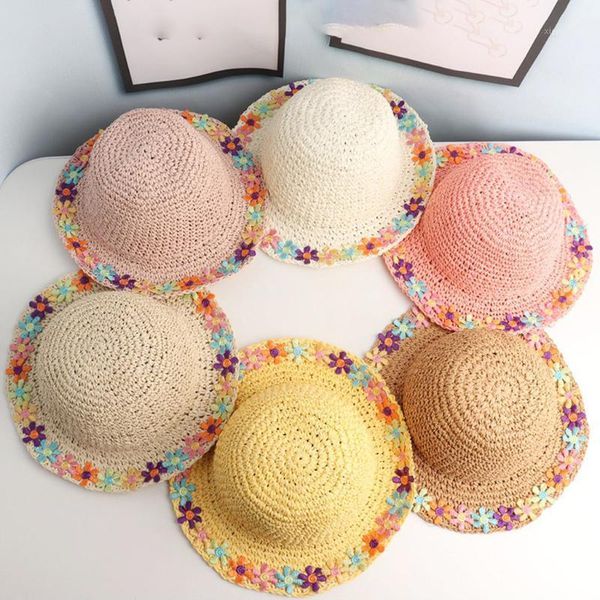 

flower fashion bucket hat baby girl sunscreen hairdress caps summer fisherman hats sun protection children girls beach straw cap1, Yellow