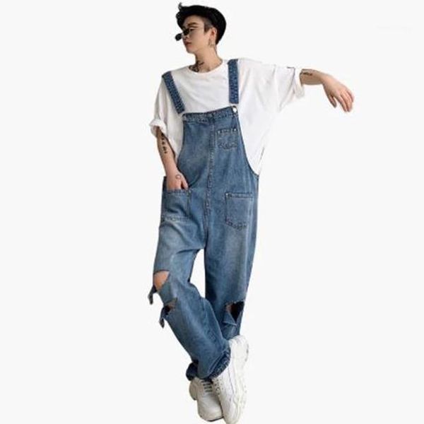 

men's casual loose hole bib overalls jeans male vintage fashion hop denim jumpsuits huge pants1, Blue