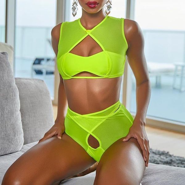 

fors bikini set hollow out mesh swimsuit female solid green neno swimwear women high waist bathing suit swim wear new1, White;black