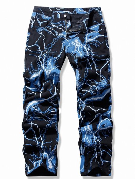 

men lightning print jeans u9tb#, Blue