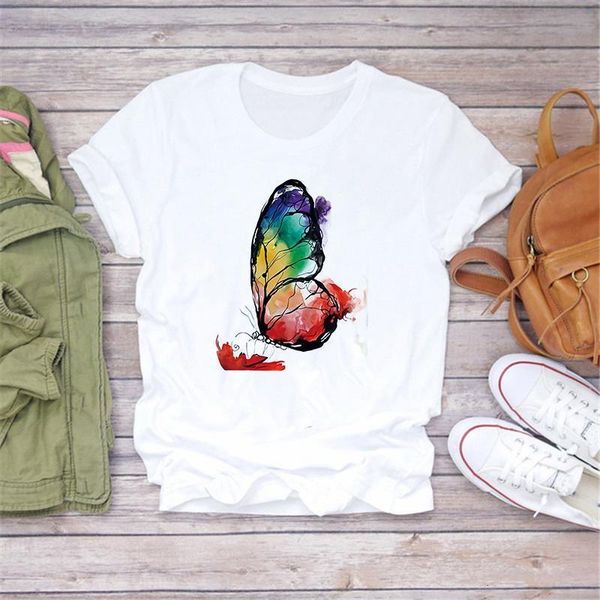 

women flower short sleeve print butterfly clothes summer shirt t-shirts t graphic female ladies womens tee t-shirts, White