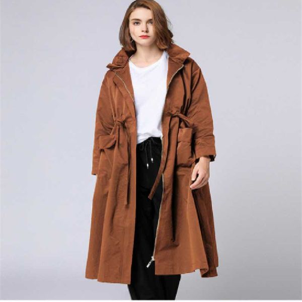 

large-size women's windshield mid-length 2020 autumn new loose fashion show thin coat, Tan;black