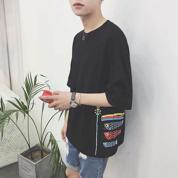 

short t-shirt men's trend summer cartoon fish little fresh student loose bf style half sleeve girl, White;black