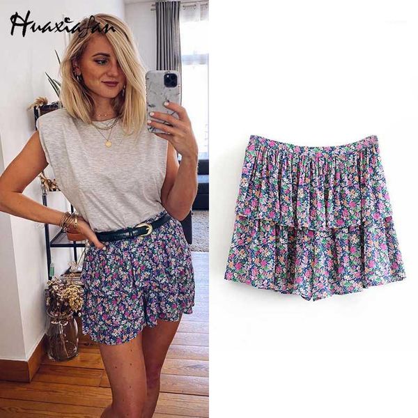 

huaxiafan shorts feminino shorts women floral print ruffled vintage high waist side zipper short skirt loose prairie chic shors1, White;black
