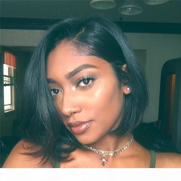 

7a top качество человеческих волос боб парик бразильский прямые волосы боб фронта шнурка человеческих волос короткие парики боб для чернокож, Black;brown