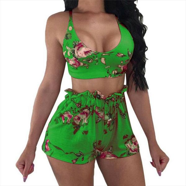 

women floral 2pcs set bodycon lacing tank crop bralette ruffle loose shorts lady chic beach club suits summer clothes, Gray